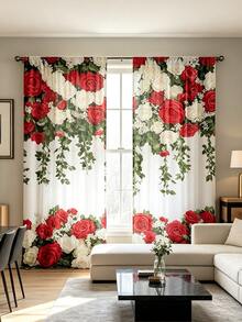 2pcs Elegant Red & White Rose Floral Print Curtains - Rod Pocket Design For Living Room, Bedroom,Wedding, Kitchen & Office Decor, Bohemian Style, Polyester Fabric(Rod Not Included),Good Transparency, 2D Flat Printing,90gsm - Multicolor - View 10