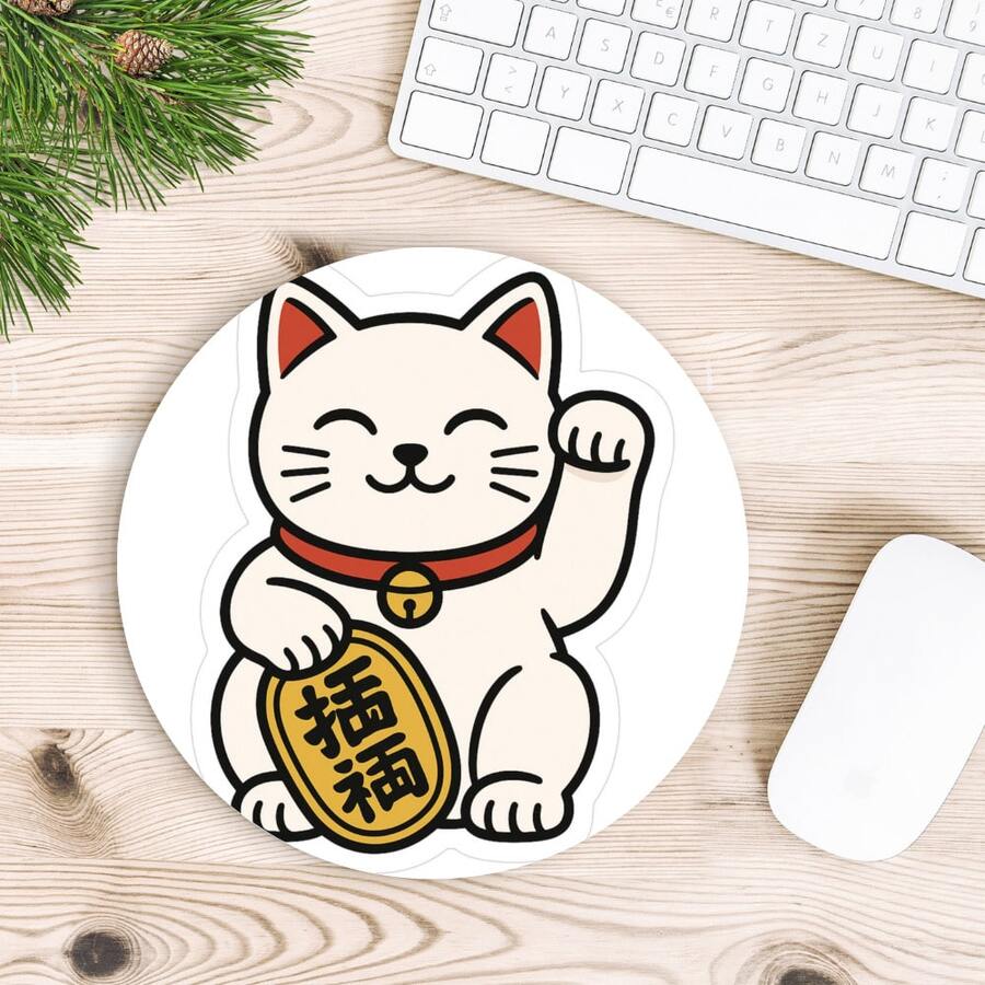White Lucky Cat Sublimated Desk Mouse Pad - Round - View 1
