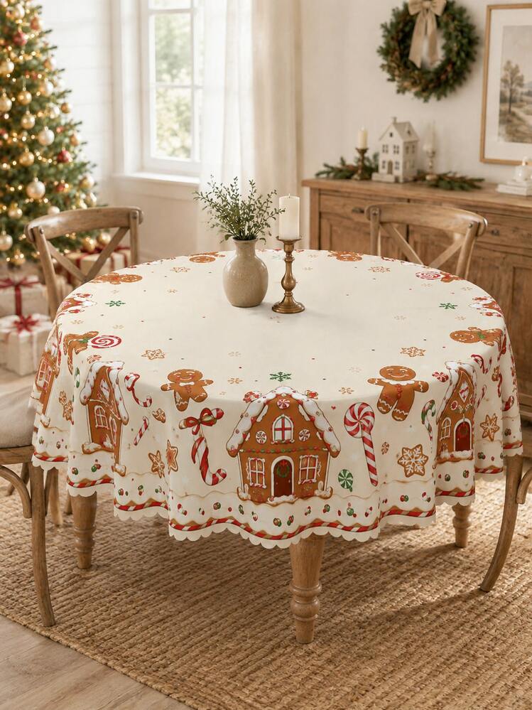 1pc-Christmas Gingerbread House And Gingerbread Man Tablecloth, A Retro American Country Style Christmas Decorative Tablecloth, Suitable For Christmas Family Dinners, New Year's Parties, And Indoor Kitchen And Dining Room Table Decorations. - Multicolor - View 10