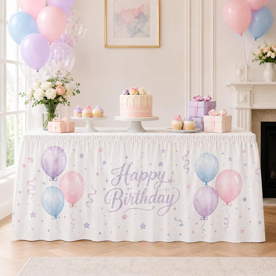 Macaron Color Birthday Table Skirt, Balloon And Star Print, Soft Polyester Party Tablecloth, Suitable For Girls Birthday, Baby Birthday, Dessert Table And Home Celebration Decoration - A - View 1