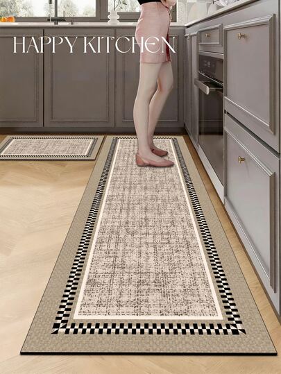 1pc Retro Chessboard Border Pattern Kitchen Mat, 3.5 Mm Soft Rubber That Absorbs Water And Is Easy To Clean. Suitable For Corridors, Bathrooms, Living Rooms, Outdoor Door Mats, And Toilets. Useable Throughout The Year And For Various Holidays.