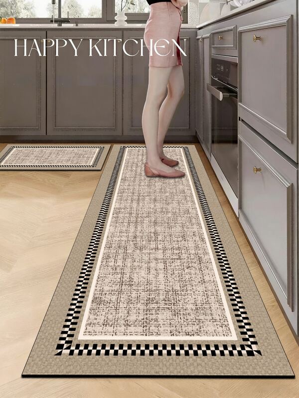 1pc Vintage Checkerboard Border Pattern Kitchen Mat, 3.5mm Soft Rubber Material, Absorbent And Easy To Clean, Suitable For Hallway, Bathroom, Living Room, Outdoor Door Mat And Toilet, All-Year Use, Suitable For Various Holidays