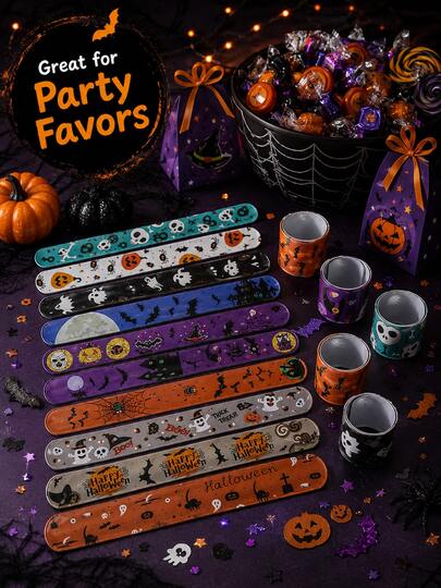 Pulseiras de Estalo de Halloween, Pulseiras Elásticas com Estampa de Fantasma, Esqueleto e Abóbora, Lembrancinhas Reutilizáveis para Festa de Terror, Presentes de Halloween, Acessórios de Fantasia, Adereços de Decoração para Carnaval e Festival