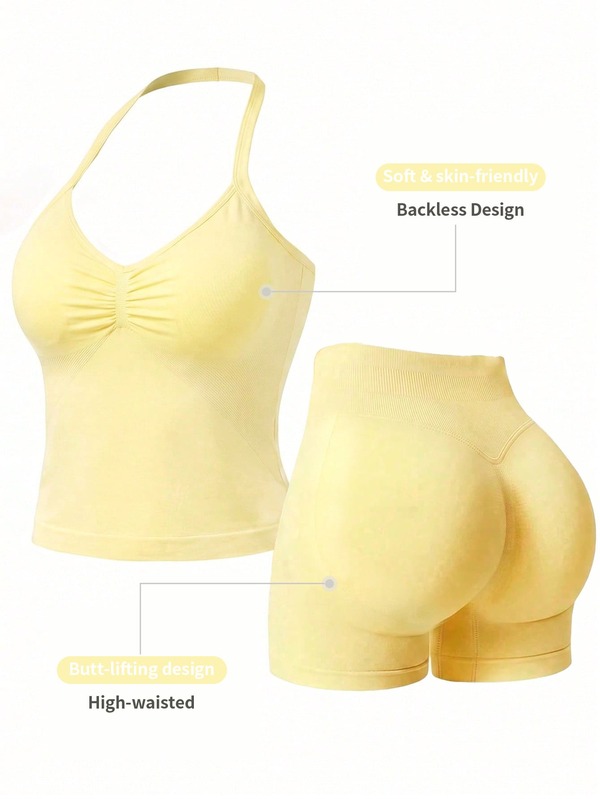 Women 2pcs Solid Color Ruched Halter Neck Cropped Tank Top + High Waist Butt Lifting Shorts Fitness Yoga Set Sports