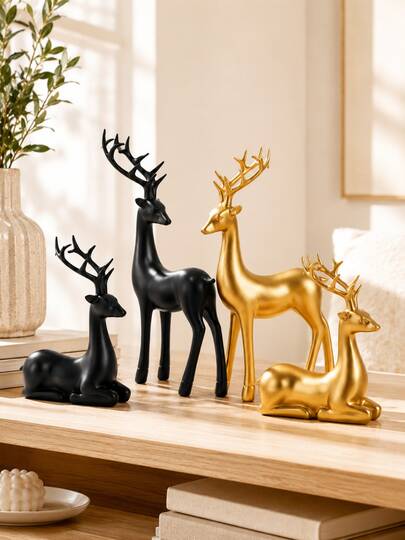 2pcs Gold Or Black Reindeer Figurines, Modern Deer Statue Set, Christmas Decorations And Home Decor For Living Room, Bookshelf, Mantel, Entryway, Tabletop, Office, Holiday Shelf Decor, Winter Ornament, Farmhouse Decor And Christmas Gift