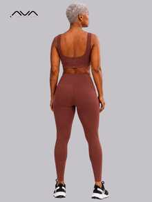Conjunto Feminino Academia Top U e Calça Canelada Com Forro Cós Alto Suplex Poliamida AVA Fitness - Marrom - Visão 2
