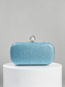 1pc Light Blue Water Drop Heavy Beaded Evening Clutch, Exquisite Round Bead Rhinestone Pattern, Pearl Studded Lock, Dress Matching Small Bag, Wedding Party Ball, With Detachable Crossbody Chain - Baby Blue - View 7