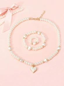 3pcs/Set Heart Pearl Jewelry Set Faux Pearl Necklace Bracelet Ring Sweet Heart Pendant Elegant Daily Party Accessories For Girls - one-size - View 1