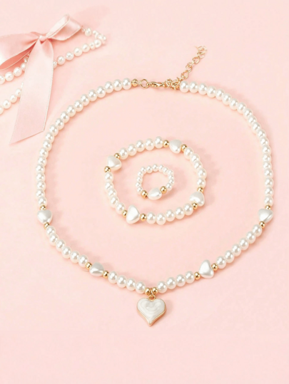 3pcs/Set Heart Pearl Jewelry Set Faux Pearl Necklace Bracelet Ring Sweet Heart Pendant Elegant Daily Party Accessories For Girls