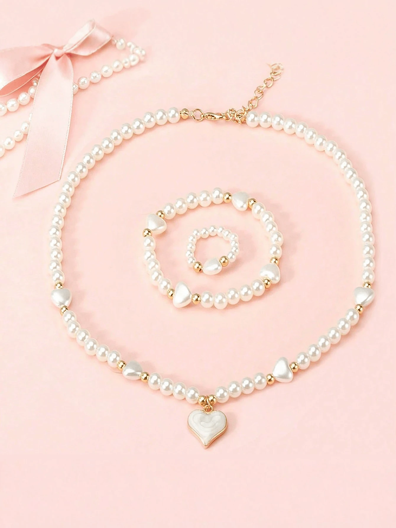 3pcs/Set Heart Pearl Jewelry Set Faux Pearl Necklace Bracelet Ring Sweet Heart Pendant Elegant Daily Party Accessories For Girls - one-size - View 1