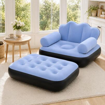 100*90*88cm (Inflated Size) Inflatable Lounge Chair With Ottoman, Multi‑Function Foldable Air Sofa Bed, Ergonomic Blow‑Up Recliner, Portable For Indoor Outdoor Camping Home Use, Random Color