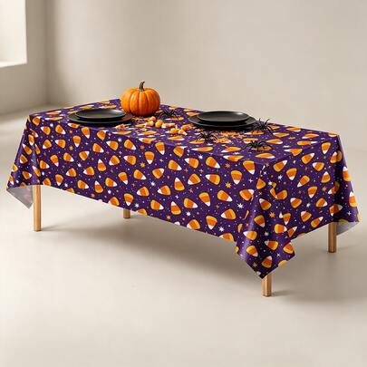 1/3 buah Taplak Meja Plastik Sekali Pakai Motif Permen Jagung Ungu Halloween untuk Pesta Liburan, Berkemah di Luar Ruangan, Ulang Tahun, Dekorasi Hari Jadi, 137x274cm