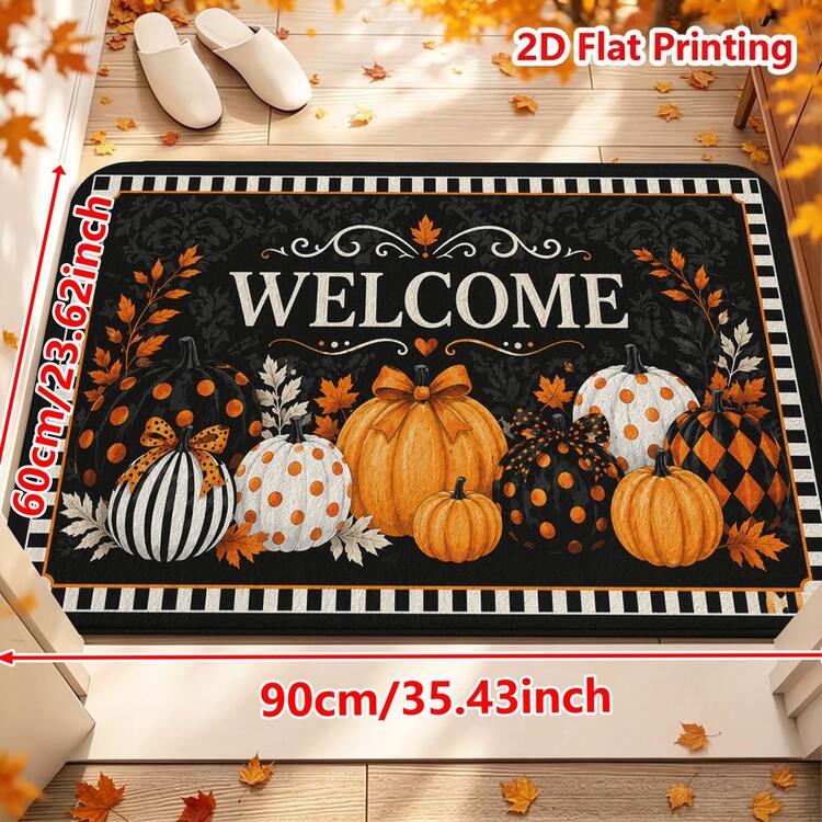 1/2pcs Autumn Door Mat, Halloween Autumn Theme Flannel Door Mat, Comfortable Soft Absorbent Non-Slip Machine Washable, Multi-Functional Home Entrance Carpet Kitchen Bathroom Hallway Mat, Orange Black Polka Dot Stripe Pumpkin Maple Leaf Decorative Pattern, Suitable For Thanksgiving Yard Living Room Bedroom Laundry Room Holiday Decor - Multicolor - View 13