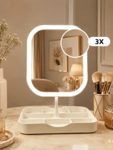LED Makeup Mirror With Light, 3X Magnifying Suction Cup Mirror, 3 Color Lights, Dimmable Touch Control, USB Rechargeable Vanity Mirror With Storage Base, 360° Rotating, Suitable For Bedroom, Dorm And Travel, Ideal Holiday Gift - Multicolor - View 8