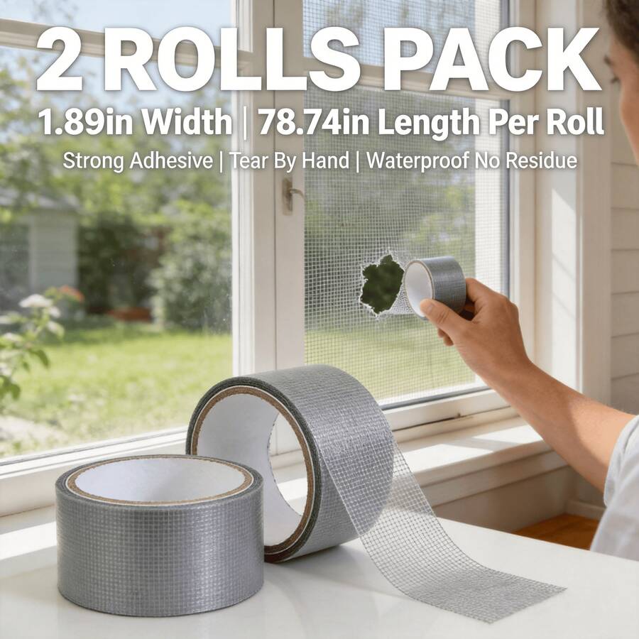 No Need To Replace Broken Screen! Tool-Free Self-Adhesive Mesh Repair Tape, High-Adhesion Mosquito-Proof Screen Tape, Home Essential, 2 Rolls, Width 1.97in, Total Length 157.48in - Grey - View 1