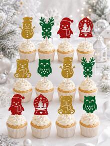 12pcs/24pcs Christmas Cake Toppers, Gold Glitter Cupcake Picks With Wooden Toothpicks And Glue Dots, Christmas Holiday Party Baking Decoration - Style a - View 7
