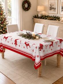 1pc-Nordic-Style Christmas Reindeer Print Tablecloth, With A Red Reindeer, Pine Tree, Snowflake, And Geometric Border Pattern; A Rustic Table Cover Suitable For Christmas Eve, Christmas Dinners, And Restaurant Table Decorations. - Multicolor - View 7
