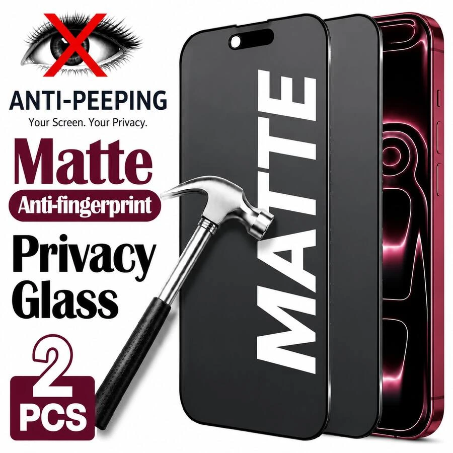 2 قطعة واقي شاشة زجاجي مقسى مطفي غير لامع للخصوصية متوافق مع iPhone 17 Pro Max/16 Pro Max/16 Plus/15 Pro/15 Pro Max/14/13/12/11 Series، واقي زجاجي مضاد للتجسس 9H، حماية خصوصية كاملة، سطح ناعم مضاد للانعكاس، رؤية HD واضحة جداً، طلاء مقاوم للبصمات، سطح مقاوم للخدش، استجابة لمس سلسة، تصميم نحيف متوافق مع الحافظات - الأسود - مشاهدة 1