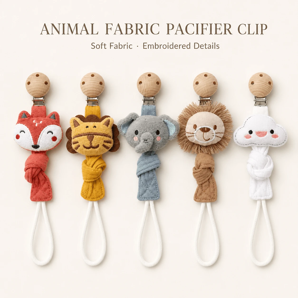 1pc Handmade Fabric Cartoon Animal Elephant Cloud Fox Baby Pacifier Clip - Cartoon Animal Head Pacifier Clip - View 1