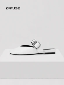 D:FUSE Sandal Selop Wanita dengan Hiasan Gesper Logam Berpaku Keling, Warna Polos, Ujung Persegi, Hak Rendah, Gaya Wanita Kantoran, Kencan Sehari-hari di Musim Panas, Kulit Asli Putih - Putih - View 10