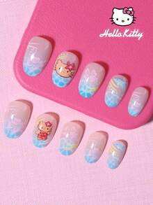 Sanrio Hello Kitty 24片 Y2K 短橢圓 3D 尖頭法式穿戴甲，附 Hello Kitty、花朵與海浪圖案設計，完美貼合壓克力假指甲套組，含 1 瓶果凍膠與 1 個指甲锉，適合女孩日常與派對使用 - 彩色 - 查看 3