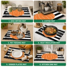 1pc Pumpkin Pattern Diatomaceous Earth Kitchen Drain Mat, Absorbent Dish Drying Mat, Coffee Machine Mat, Dishwashing Mat, Sink Mat, Kitchen Countertop Protector, Suitable For Cups, Plates, Tableware And Kitchen Decor - Multicolor - View 9