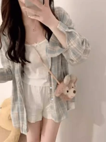 Áo sơ mi nữ tay dài cài cúc cổ bẻ họa tiết kẻ caro, chất liệu polyester, phong cách thường ngày cho mùa xuân/thu - Xanh nhạt - Xem 4