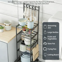 No Drill Freestanding Kitchen Storage Shelf With Wheels And Hooks, Multi Layer Metal Microwave Organizer Rack, Rolling Utility Cart For Countertop Pantry Bathroom Home Organizer - View 2