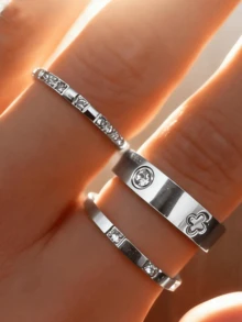 rundraw 2026 New 304 Stainless Steel Silver Stackable Ring Set, 3pcs Clover & Full Rhinestone Rings, Hypoallergenic Minimalist Jewelry - Multicolor - View 9