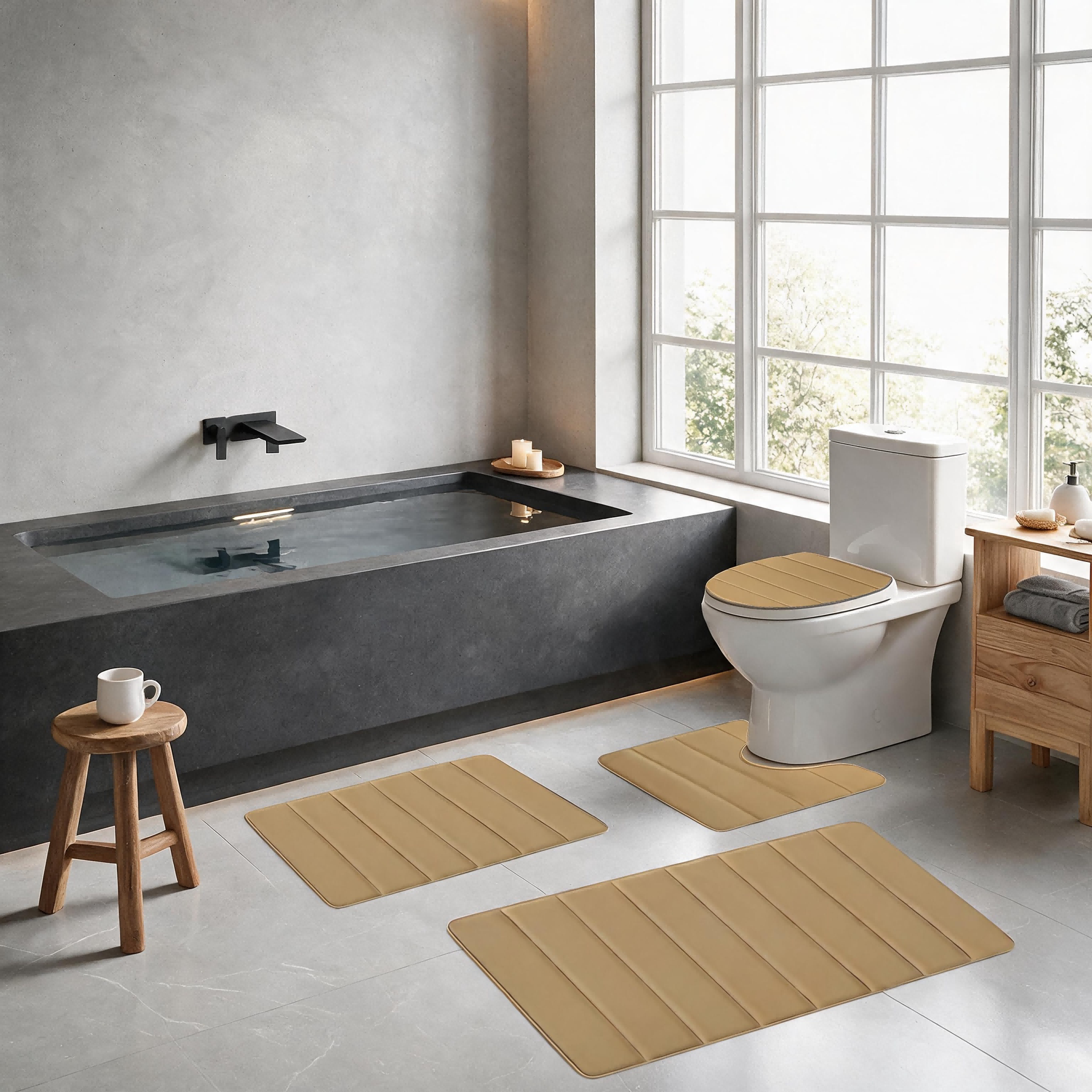 4-Piece Foam Bath Mat Set With Non-Slip Backing And Absorbent Surface. Includes 23.6x15.7 Inch Rug, U-Shape Mat, Standard Mat, And Lid Cover. Machine Washable, Quick Drying, Thick Cushion.