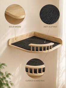 1PC Wall-Mounted Cat Shelf And Cat Wall Perch, Solid Wood Corner Jumping Platform With Anti-Slip Pad And Wooden Railing, Space-Saving Cat Wall Furniture For Indoor Cats To Climb, Jump, Rest And Sleep - Beige - View 4