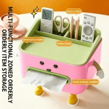 Cute Character Multi-Function Desktop Storage Box With Tissue Box And Phone Holder, Can Store Cosmetics, Remote Controls And Office Supplies, Fun Home And Kitchen Decor, Suitable For Home, School And Hotel, Great Gift Idea - Multicolor - View 3