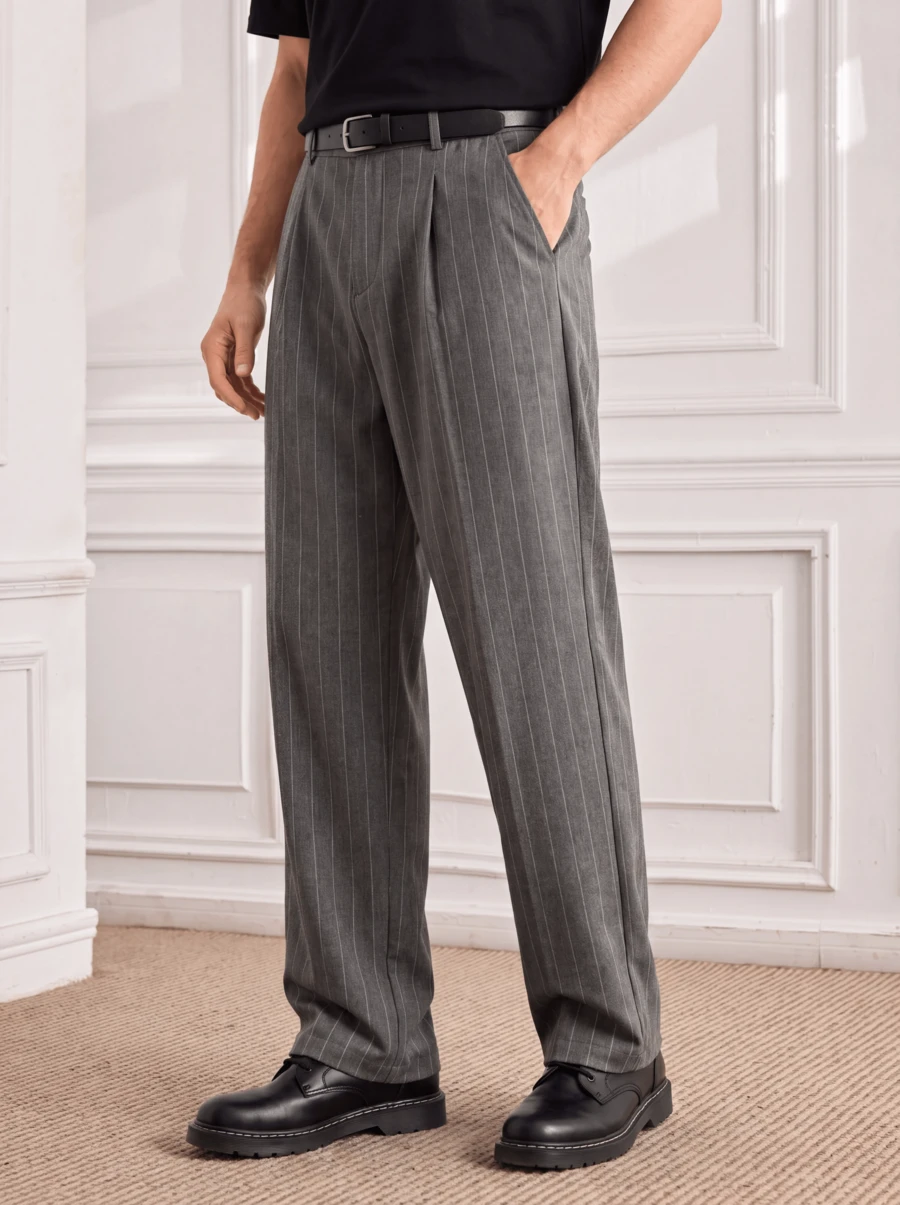 Officeau Men's Casual Business Style Wide Leg Loose Fit Dress Pants, Fashionable Versatile Striped Straight Leg Trousers - Grey - View 1