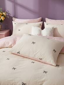 Joivida 3pcs Bowknot Duvet Cover Set, Soft Polyester Reversible Cream & Pink Bow Bedding Set With Zipper Closure & 2 Pillow Shams (No Insert) - Multicolor - View 8