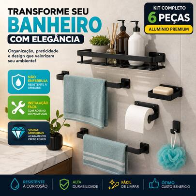 Kit Acessórios Banheiro 6 Peças em Alumínio com Porta Toalha Papel Higiênico Saboneteira e Prateleira
