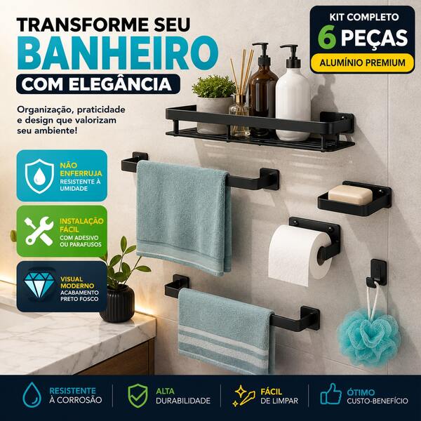 Kit Acessórios Banheiro 6 Peças em Alumínio com Porta Toalha Papel Higiênico Saboneteira e Prateleira