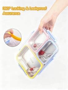 Kotak Bekal Bento 3 Kompartemen, Wadah Makanan Anti Bocor, Tersedia dalam Bahan Stainless Steel 304 dan PP, Kotak Bekal Portabel dengan Sekat, Cocok untuk Sekolah, Kantor, dan Perjalanan, Kotak Penyimpanan Makanan yang Dapat Digunakan Kembali dengan Tutup Transparan yang Tersegel - MultiWarna - View 5
