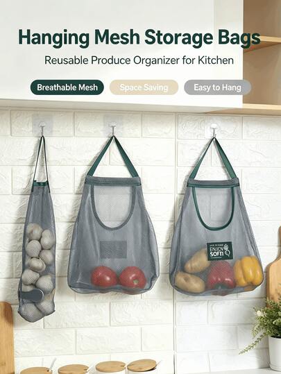 Hanging Breathable Mesh Produce Storage Bags, Reusable Vegetable Fruit Organizer Pouch, Onion Garlic Potato Hanging Net Bag, Space Saving Kitchen Wall Hanging Food Storage Sack