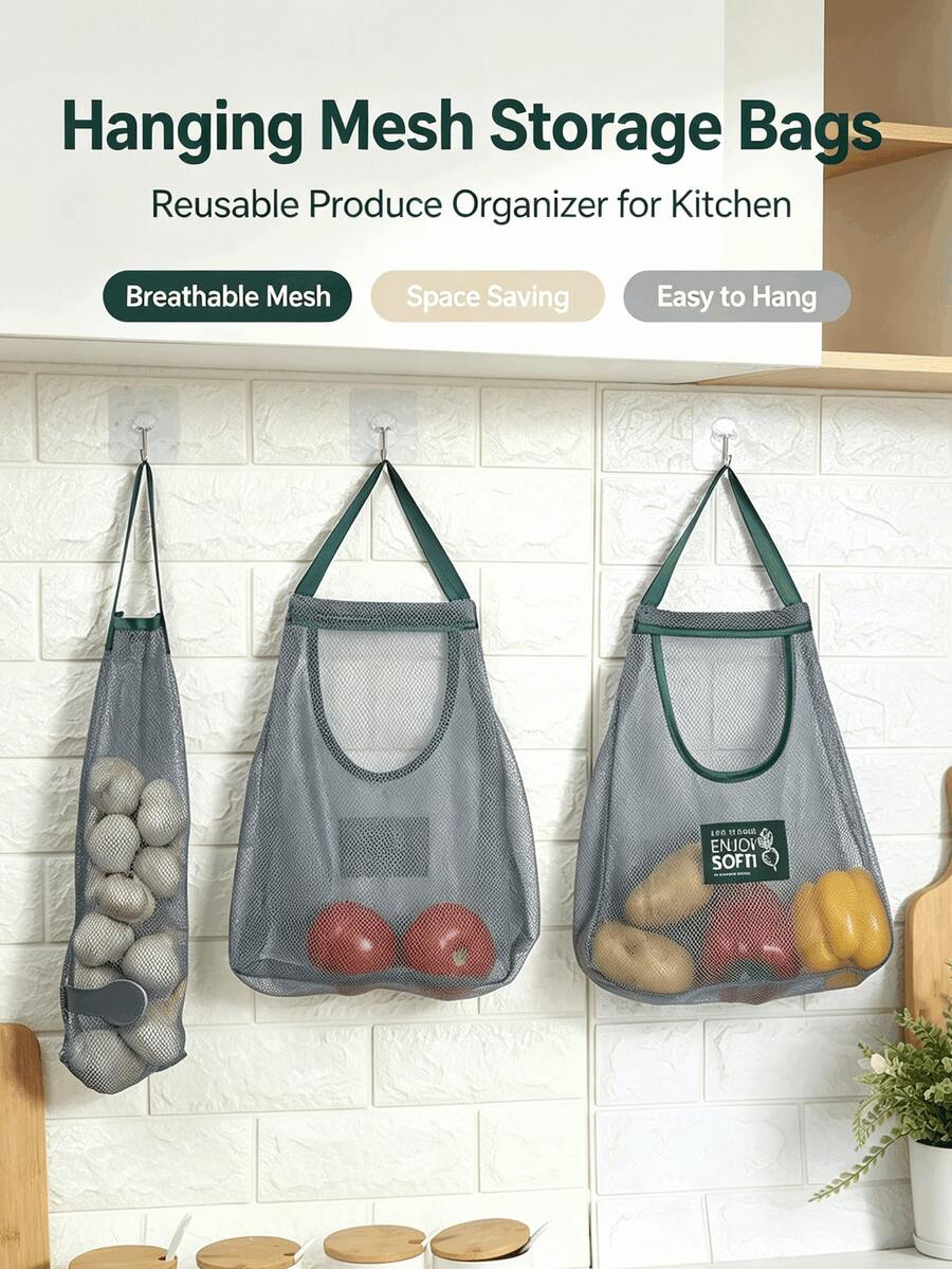 Hanging Breathable Mesh Produce Storage Bags, Reusable Vegetable Fruit Organizer Pouch, Onion Garlic Potato Hanging Net Bag, Space Saving Kitchen Wall Hanging Food Storage Sack - Multicolor - View 1