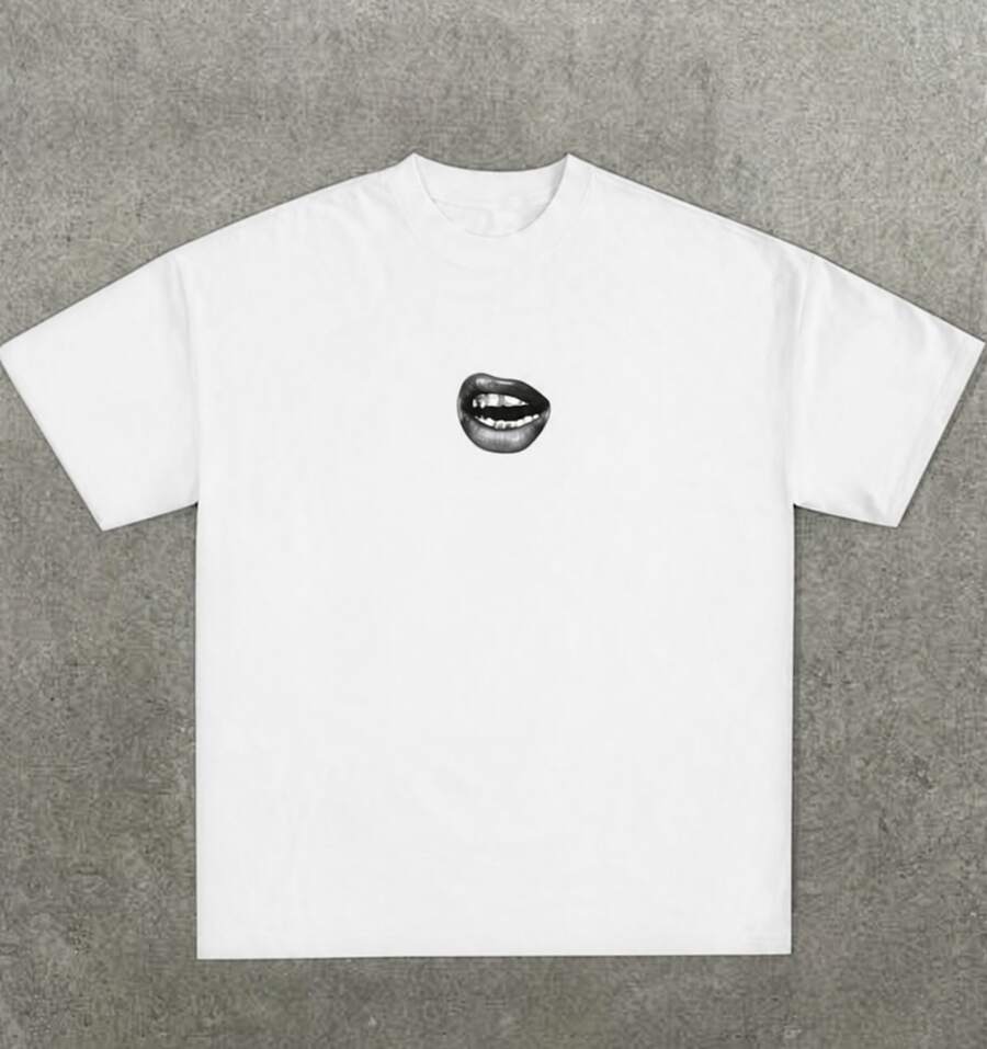 Casual, Soft T-Shirt With A Fun Barbecue Lip Pattern And Heat Transfer Print. - 白色2 - 查看 1