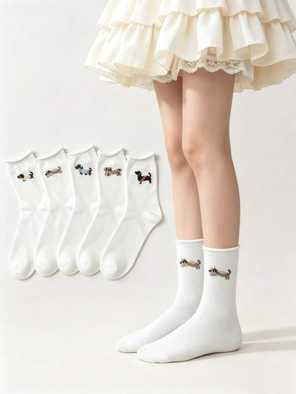 1/5 Pairs All-Season White Cuffed Cute Cartoon Dachshund Mid-Calf Socks