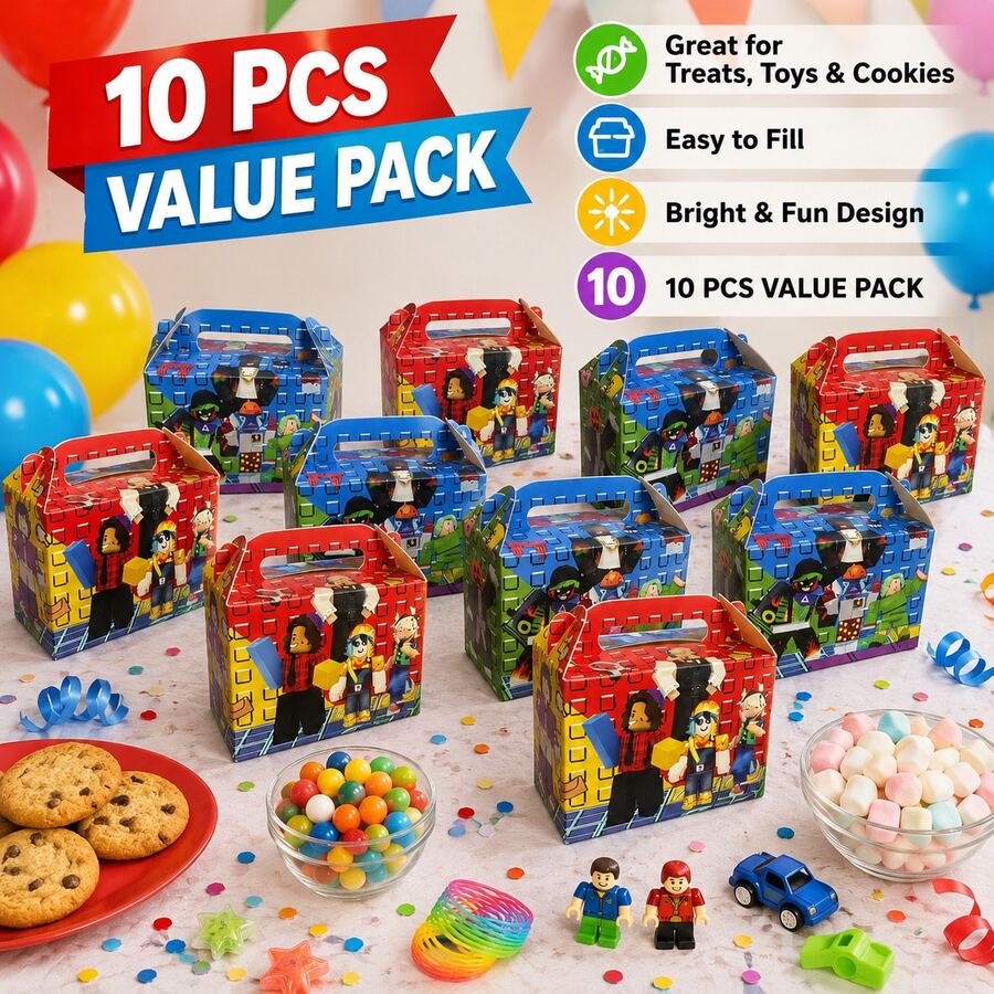 Roblox 10pcs Party Favor Paper Boxes, Portable Handle Snack Containers, Cartoon Block Game Character Print, Rectangular Candy Gift Boxes, Children's Game Theme Birthday Party Snack Storage Boxes - Forsaken Chance Paper Box - View 1