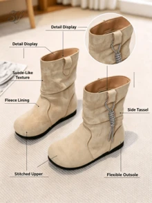 Toddler Loose Mid-Calf Boots, Ruched Detail, Solid Color Soft Suede-Like Flat Casual Shoes, Unisex Kids Autumn/Winter Daily Outdoor Wear - Beige - View 1