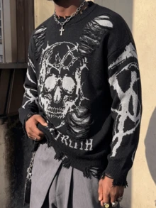 ANDREILEE Men's Fashion Casual Versatile Daily Commute Home Skull Distressed Fringe Crew Neck Long Sleeve Loose Ribbed Pullover Sweater Knit Top Autumn/Winter - Black - View 2