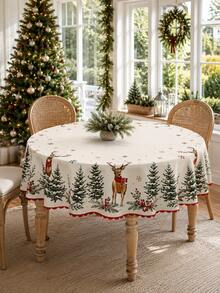 1pc-Farmhouse Christmas Reindeer Tablecloth, Forest Pine Tree Snowflake Red Berry Printed Round Rectangular Table Cloth, Festive Holiday Table Cover For Xmas Dinner Party Indoor Kitchen Dining Home Table Decoration - Multicolor - View 7