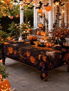 This"Happy Halloween" Themed Tablecloth Features Spooky Ghost And Pumpkin Patterns, Creating An Eerie And Mysterious Holiday Atmosphere; It Is Perfect For Decorating Home Kitchens And Dining Areas, And Makes An Ideal Choice For Autumn Holiday Parties - Multicolor - View 7