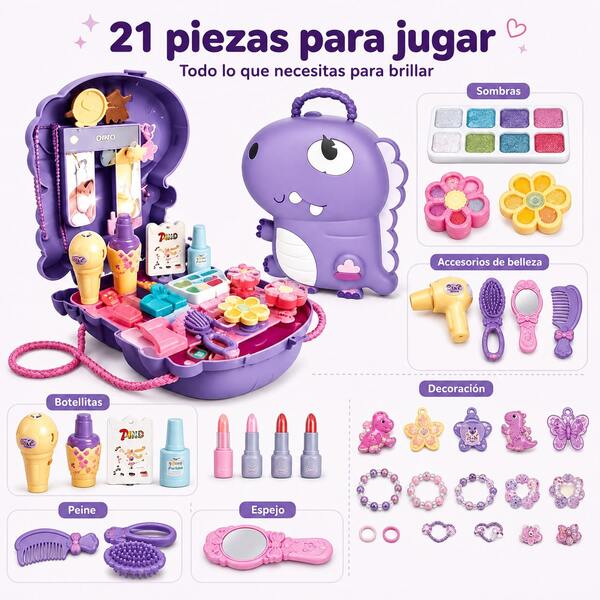 Set de Belleza Infantil 21 Piezas con Estuche Dinosaurio, Maquillaje de Juguete, Espejo y Accesorios, Regalo para Niñas