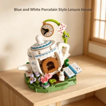 1 Set Blue And White Porcelain Style Teapot House Building Block Toy, Alice In Wonderland White Rabbit Clock Playing Cards Creative Small Particle Assembly Model, Handmade DIY Desktop Ornament, Girly Birthday Holiday Gift Home Decor - Multicolor - View 11