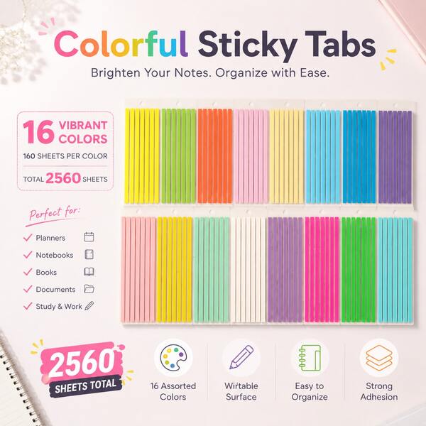 2560Pcs Colorful Sticky Strips, 16 Colors Writable Long Index Tabs, 14 X 0.5cm Self-Adhesive Page Markers For Books, Notebooks, Planners, Study And Office Supplies, Back To School