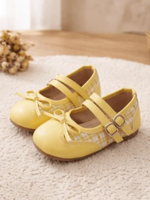 Comfort Online 3-12 Years Old Yellow & White Plaid Children's Mary Jane Shoes . Double Strap Casual Shoes . Vintage Girls' Flat Shoes . Sweet Children's Shoes | Bright Yellow Versatile & Outstanding, Double Strap Design Secure & Anti-Slip . Pastoral Girl Style | Family Gatherings, Spring Outdoor Photos, Spring & Autumn Outings, Comfortable & Easy To Walk Without Fatigue - Yellow - View 5